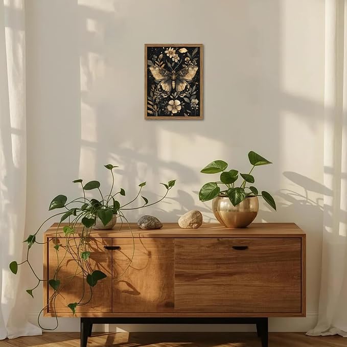Vintage Moth Canvas Wall Art, Dark Academia Gothic Decor, Insect Botanical Painting, Enchanted Moth Flowers Picture Print, Nature Wall Decor for Living Room Bedroom 8x10 inch Wood Framed