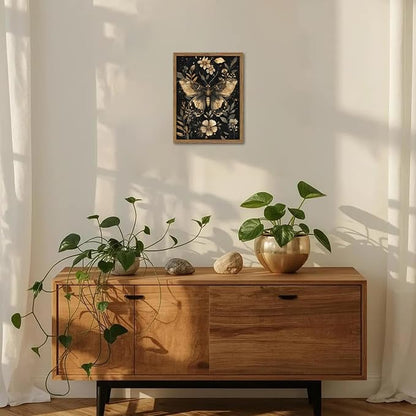Vintage Moth Canvas Wall Art, Dark Academia Gothic Decor, Insect Botanical Painting, Enchanted Moth Flowers Picture Print, Nature Wall Decor for Living Room Bedroom 8x10 inch Wood Framed