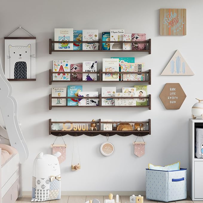 34Inch Nursery Bookshelves,Set of 4,Wall Floating Shelf Kids Coat Rack with 6Hooks,Hanging Book Shelf for Baby Nursery Room Décor (Dark Brown, 34)