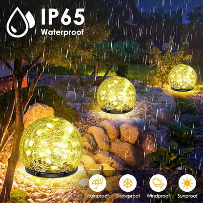 Solar Garden Lights, 2 Pack 60 LED Cracked Glass Solar Globe Lights Outdoor Decoration, Upgraded Waterproof Warm White LED Lights for Yard Pathway Patio Lawn Christmas Outside Decor, 4.73"