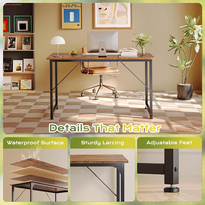 PRAISUN 47 Inch Computer Desk, Home Office Desk with Spacious Desktop, Rustic Brown