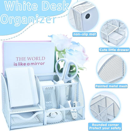 White Desk Accessories, 25Pcs White Office Supplies and Desk Organizers, with Tape Dispenser, Stapler, Staple Remover, Ect, Gift Box Packaging
