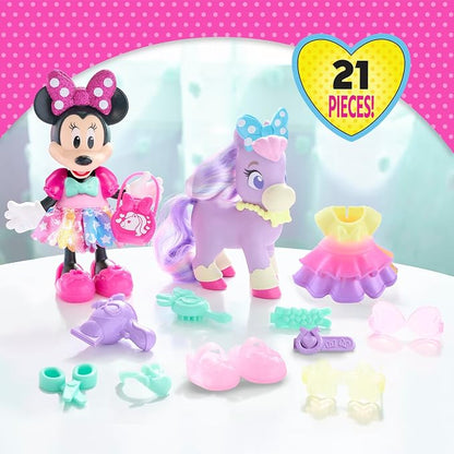 Disney Junior Minnie Mouse Groom & Glam Pony Set, Poseable 21-piece Doll and Accessories Set, Kids Toys for Ages 3 Up by Just Play