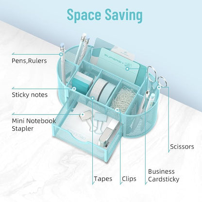 Mesh Desk Organizer with Drawer, 9-Compartment Pen Holder for Desk, Blue | Pull-Out Drawer Stores Pens, Pencils, Clips, Notes, and Small Office or School Supplies in One Compact Desk Caddy