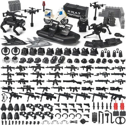 SWAT Military Weapon Pack Building Block Set City Police Accessories | Black Tactical Gear with Robot Dog Drones Inflatable Boat Motorcycle Toy Kit for Kids Ages 4+
