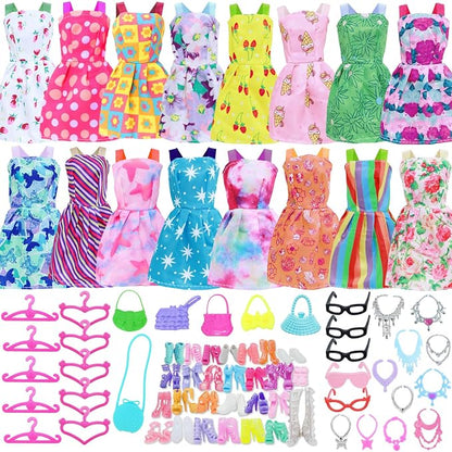 42 pcs Doll Clothes and Accessories Including 10 pcs Fashion Mini Dresses 32 pcs Shoes, Glasses, Necklaces, Handbag, Hangers Accessories for 11.5 Inch Girl Doll