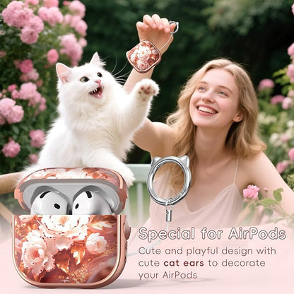 for AirPods 4 Case with Cleaning Kit, Cute Cat Ear Print Design & Cute Buckle, Inverted Phone Holder Design, Top Safe Lock Buckle Design, for Girls AirPods 4 case 2024, Rose Gold Peony