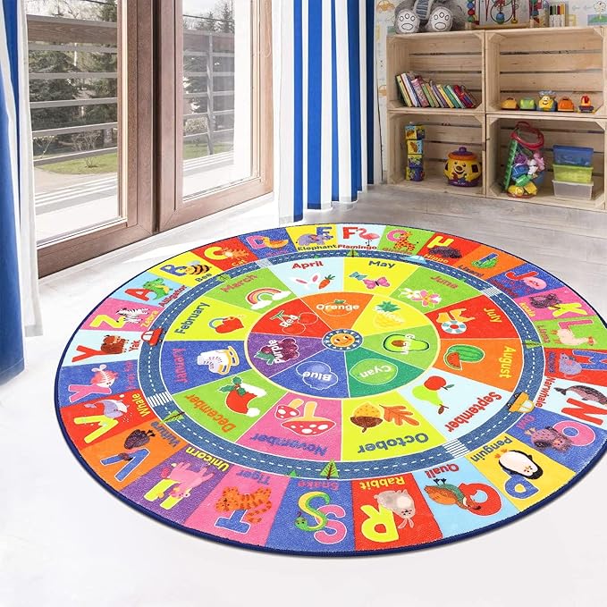 HEBE Kids Play Rug 4ft ABC Alphabet Numbers Shapes Educational Kid Area Rug Washable Baby Crawling Mat Non Slip Kid Play Mat Carpet for Girl Boy Bedroom Playroom