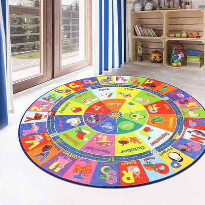 HEBE Kids Play Rug 4ft ABC Alphabet Numbers Shapes Educational Kid Area Rug Washable Baby Crawling Mat Non Slip Kid Play Mat Carpet for Girl Boy Bedroom Playroom