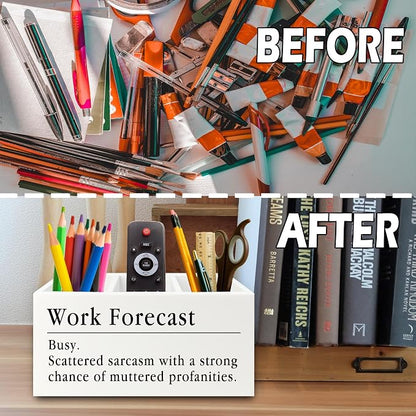 Funny Pen Pencil Holder Organizer for Desk, Funny Coworkers Gifts for Women, Office Humor Gifts, Work Forecast Wooden Box Sign for Home Office Desk Tabletop Decorations