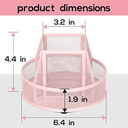 YINGHUA Metal Mesh Desk Organizer with 5 Compartments and Rotating Pencil Holder Pen and Stationery Organizer for Office Home School Anti Slip Base Pink
