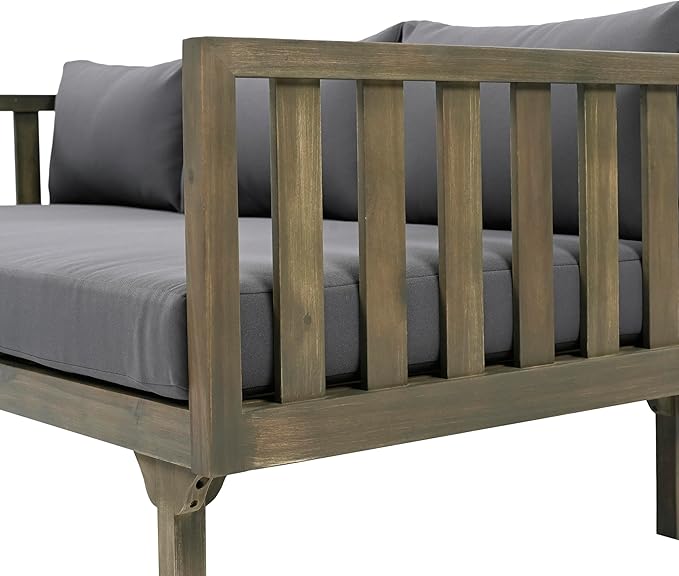 Christopher Knight Home Claremont Outdoor 3 Seater Acacia Wood Daybed with Fabric Water Resistant and Removable Cushions, Patio Garden Sofa with Slat Paneling Armrest and Back, Grey and Dark Grey