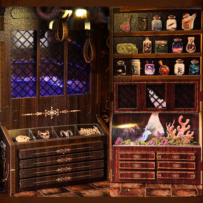 Book Nook DIY Kit,Mysterious Creature Diorama 3D Wooden Puzzle with LED,Bookend Bookshelf Decoration,Miniature Doll House for Home Decor,Chamber of Stranger Beasts