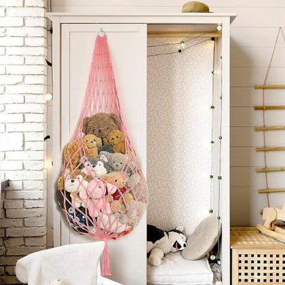 Amdermi Stuffed Animal Net or Hammock Corner Hanging Net for Stuffy Animal Storage Macrame Toy Display Plush Toy Holder Wall Pet Net for Nursery Kid Bedroom Decor Playroom Organizer (Pink XL)