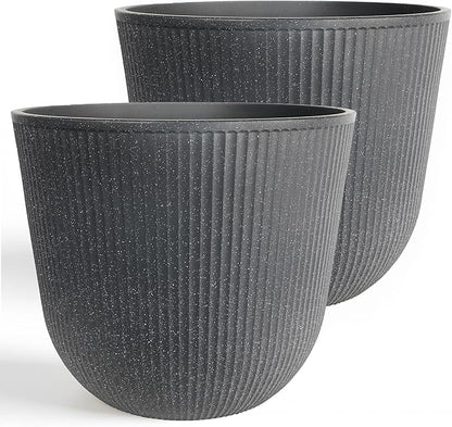 WORTH Garden Round Large Planter Pot Set of 2-17.5" Dia x 15.5" H - Durable Plastic Grey Plant Tree Pots with Vertical Stripe Textured Finish, Drainage Hole for Indoor, Outdoor, Front Porch, Patio
