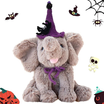 Hopearl Adorable Halloween Plush Calf Elephant Toy with Knitted Witch Hat Floppy Elephish Ultra Soft Haggable Stuffed Animal Gift for Boys Girls Kids Toddlers, Gray, 10''