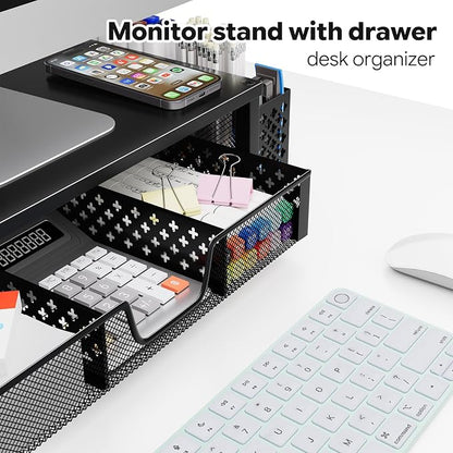 Simple Trending Metal Monitor Stand Riser, Drawer & 2 Pen Holders, Black | 2-in-1 Desk Organizer & Monitor Stand | Sturdy Metal | Ergonomic Support | Space Saving | Easy Setup
