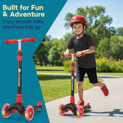 Outdoor Cruiser 3-Wheel Kids Scooter – with Lean-to-Steer Technology, Led Lighted Wheel, 4-Level Adjustable Height T-bar Handle, Support Kids Up to 150 Lbs, for Boys & Girls Ages 3-8, Black and Red