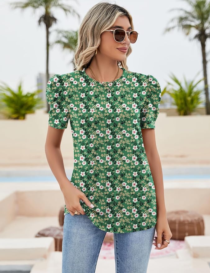 Ivicoer Puff Short Sleeve Shirt for Women Eyelet Tops Summer Crewneck Blouse Loose Fit S-XXL