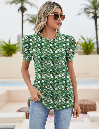Ivicoer Puff Short Sleeve Shirt for Women Eyelet Tops Summer Crewneck Blouse Loose Fit S-XXL