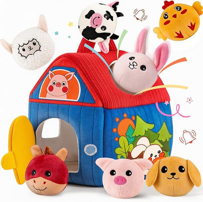 SAIMAND Baby Toys 6-12 Months, Barn with Stuffed Farm Animals, Montessori Toy for Babies, Sensory Toys for Toddlers 1-3, Portable Baby Farmhouse Toy, Birthday Gift for Infants & Toddlers