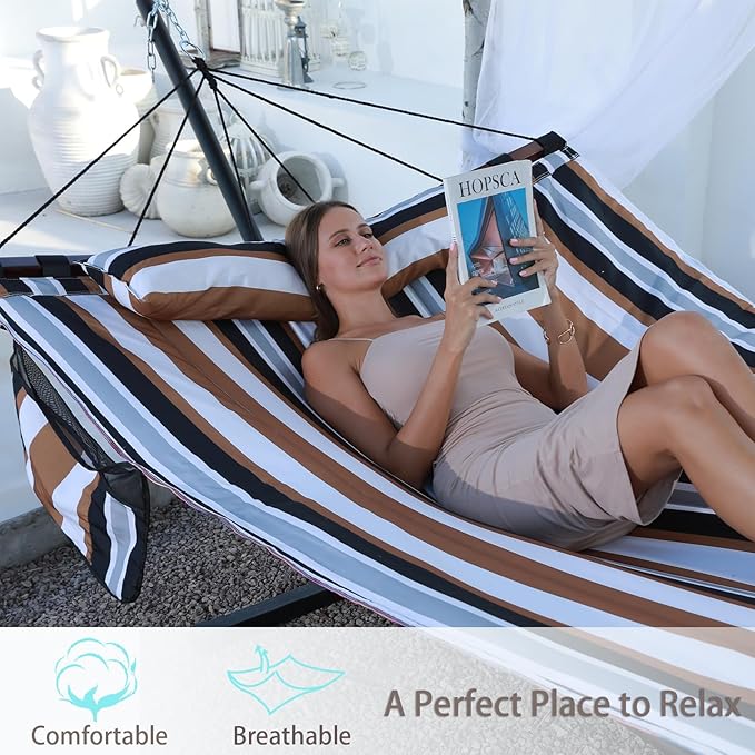 TegerDeger 12FT 2 Person Hammock Large Hammock 450LB Capacity with V Shaped Hardwood Spreader Bar & Nylon Rope for Outside, Patio, Garden, Backyard, Beach, Poolside - Coffee Stripes