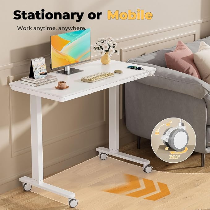 40" Electric Stand up Desk with Drawer, Height Adjustable | Sit Stand Home Office Desk with Storage, One-Piece Tabletop with USB Charging Ports, Quick Assembly Computer Desk on Wheels
