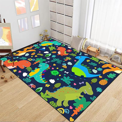 Dinosaur Rugs for Boys Bedroom Cute Dinosaur Area Rug and Leaves Print Dinosaur Rug Kids Rug Play Rug Dinosaur Carpets Cartoon Rug for Playroom Classroom,Blue 2'5''×4'