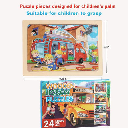 Puzzles for Kids Ages 4-6, 4 Packs 24 Piece Wooden Jigsaw Puzzle for Toddlers 5-8, Preschool Educational Puzzle Boards Toys Gifts for 4 5 6 7 8 Girls Boys