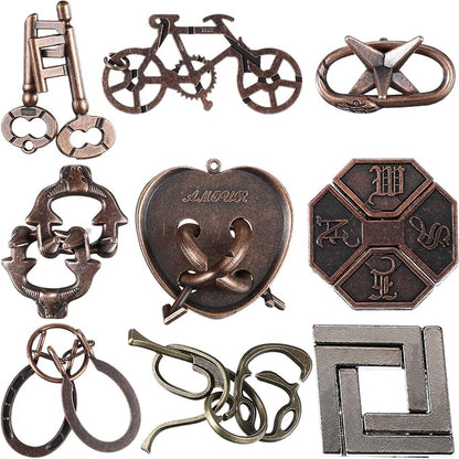 Wettarn 9 Pcs Metal Brain Teaser Puzzles 3D Steel Puzzle Set for Adults IQ Logic Challenge Disentanglement Unlock Interlocking Games Smart Logic Test Toys for Adults Mind Challenge(Classic Style)
