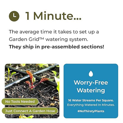 Garden Grid Watering System | Raised Garden Bed Drip Irrigation System – But Better | Pre-Assembled, Waters Every Plant Evenly, 1-Minute Setup | Square Foot Gardening Grid | US-Made (Cornerless, 2x4)