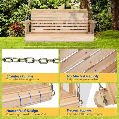 VINGLI Upgraded Patio Wooden Porch Swing for Courtyard & Garden, Heavy Duty 880 LBS Swing Chair Bench with Hanging Chains for Outdoors (Natural, 4 FT)