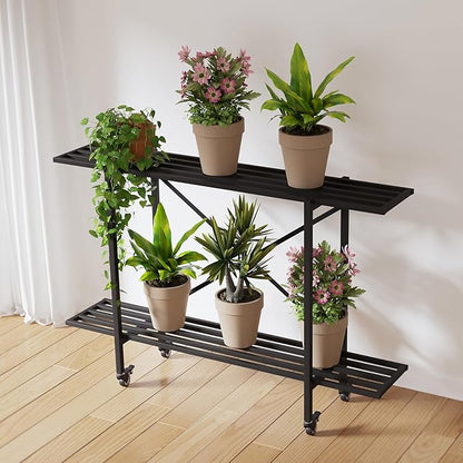 Zhongma 2 Tier Metal Sturdy Narrow Plant Stand with Wheels, Plant Stand Indoor and Outdoor, L45.67 x W10.3 x H29.9 inch, 440 LBS Capacity & Heavy Duty Construction.