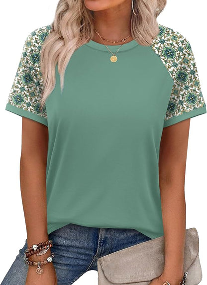 WIHOLL Womens Summer Tops Color Block Short Sleeve Raglan Shirts Spring Fashion Clothes Vacation Outfits