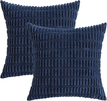 MIULEE Pack of 2 Corduroy Decorative Euro Sham Throw Pillow Covers 22x22 Inch Soft Boho Striped Pillow Covers Modern Farmhouse Home Decor for Summer Coastal Sofa Living Room Couch Bed Dark Blue