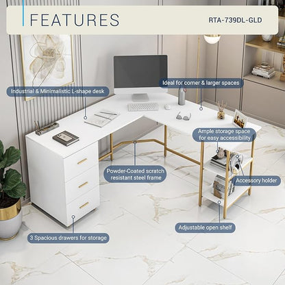 Techni Mobili 59" Two-Tone L‑Shaped Office Desk with Storage Shelves, Gold | 59" two‑tone L‑shaped desk with storage shelves, durable frame, modern corner workstation, spacious home office writing space