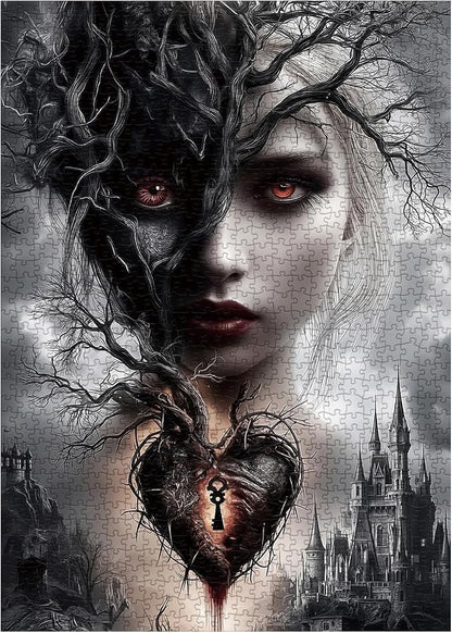 Magic Women Heart Puzzles for Adults 1000 Pieces, Fantasy Puzzle Tree of Life Key Demon Angel Jigsaw Puzzles, Black White Castle Impossible Hard Difficult Challenging Puzzle