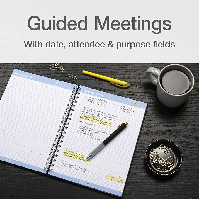 Oxford Meeting Notebook, Undated, Customizable Work Notes, Spiral Bound, Black Cover, Heavyweight 32 lb. White Paper, 7.5" x 10", 160 Pages (63830)