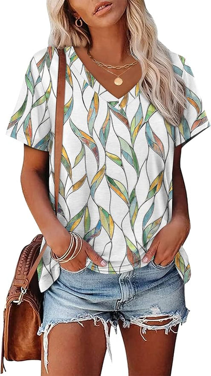 Alaroo Womens Summer Tops 2026 V Neck Short Sleeve Shirts Trendy Dressy Casual Vacation Outfits Printed
