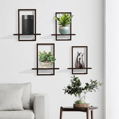 PHOENANCEE Square Floating Shelves,Wall Plants Holder,Bathroom Wall Decor,Framed Decorative Shelf Black,Modern Chic Set of 2 for Living Room Bedroom Home Office,Soild Wood,L+S(Walnut