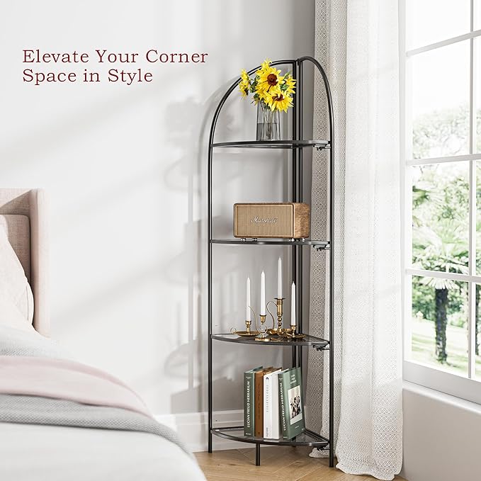 Crofy Foldable 4 Tier Corner Shelf, Metal Corner Plant Stand with Black Frame and Transparent Shelves, Corner Display Rack Multipurpose Shelving Unit for Living Room, Bedroom, Bathroom
