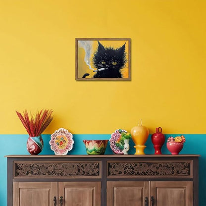 Vintage Black Cat Wall Art, Black Cat Painting Portrait Wall Decor, Mens Room Canvas Print Poster, Cool Animals Picture Art for Bathroom Decor 16x24 inch Wood Framed