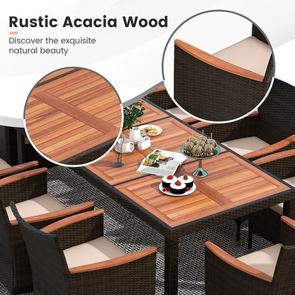 Tangkula 11 Pieces Patio Dining Set with 15ft Double-Sided LED Patio Umbrella (Base Included), Outdoor Rattan Furniture Set with 8 Stackable Chairs, Acacia Wood Dining Table and Umbrella (Wine)