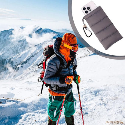 Lyreh Thermal Phone Pouch, Down Cotton Warm Phone Case Cover Bags Prevents Freezing & Overheating Protector Cellphone Pouch with Carabiner Ideal for Outdoor Camping Hiking Skiing (Grey)