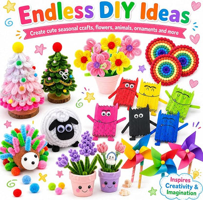 FUNZBO 1200pcs+ Craft Kits with Pipe Cleaners, Pom Poms for Crafts, Popsicle Sticks for Craft, Arts & Crafts Supplies for Kids Ages 4-8 Girls & Boys Birathday Gifts