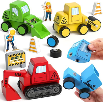 Coogam Snap Together Vehicle Toys for Toddlers, Wooden Montessori Take Apart Construction Engineering Car - Assembly Building Game, STEM Fine Motor Educational Toy Gift for Kids Ages 3-8