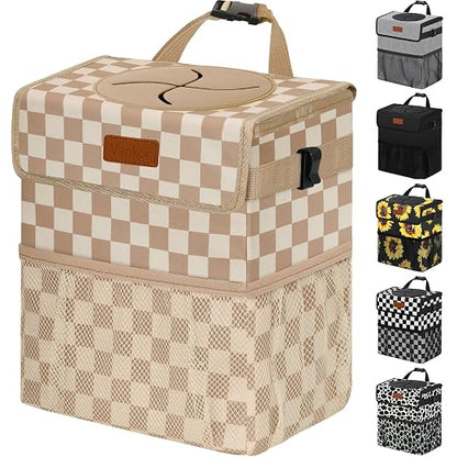 Vankor Car Trash Can Bin with Lid Hanging for Back Seat, Car Accessories for Women Men Leak Proof Automotive Garbage Cans Leakproof Vehicle Trash Can for Truck SUV,Khaki Checkered
