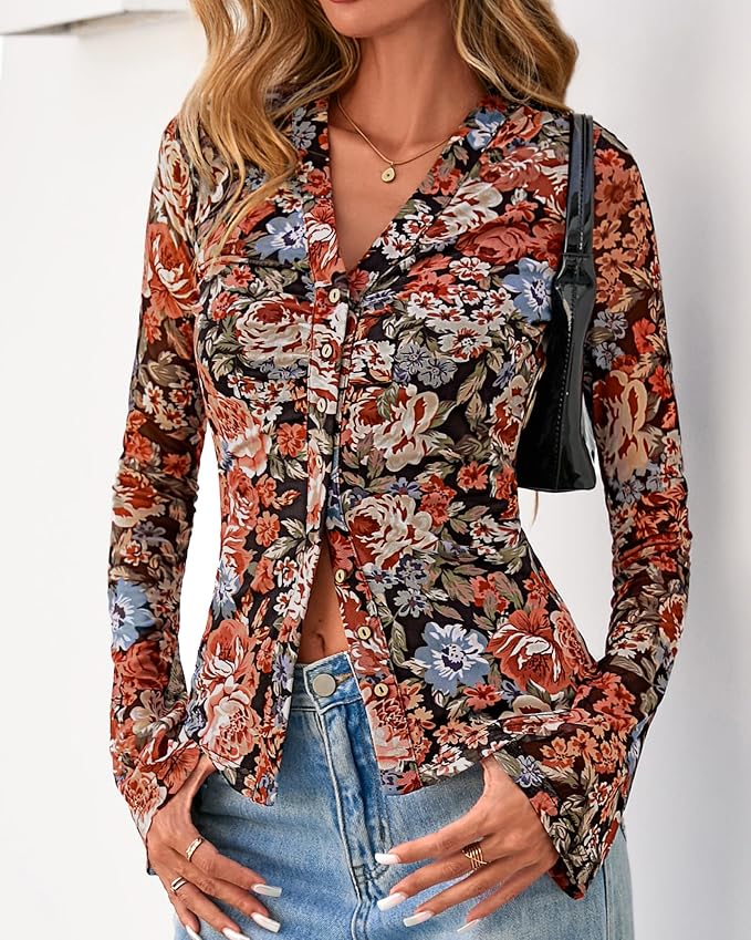 BTFBM Button Down Shirts for Women 2026 Fall Boho Tops V Neck Long Sleeve Blouses Ruched Mesh Fitted Fashion Clothing