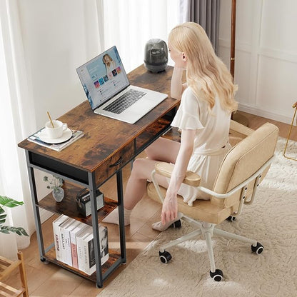 47 Inch Computer Desk with 2 Drawers, Home Office Desk with Wooden Shelves, Study Writing PC Table for Small Spaces, Bedroom, Dorm or Living Room, Rust