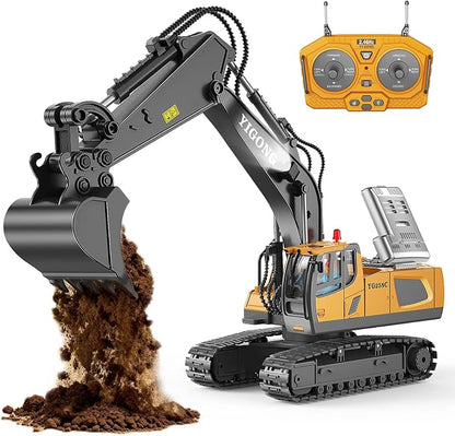 Remote Control Excavator Toy for Boys, 11-Channel Metal Construction Truck with Lights, 2 Batteries, 120-Min Playtime, RC Excavator Toys for Kids Ages 3-12, STEM Gift for Birthday